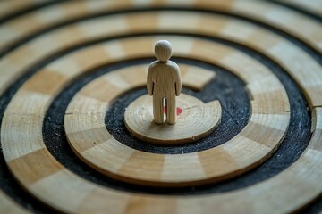 Miniature people standing on a dartboard with target in the background