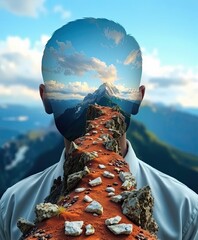Effective crisis management skills for leaders Surreal Concept of Mind Journey Represented by Mountain Landscape Emerging from Head with Clear Blue Sky
