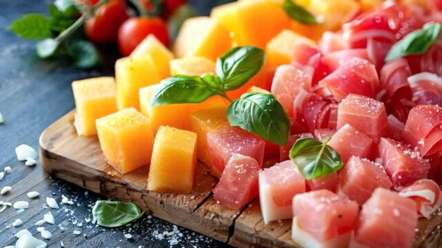 traditional italian meal closeup. Cubes of melon and prosciutto lying on top of melon