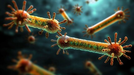 Fototapeta premium Close-up view of colorful microorganisms, showcasing vibrant hues and intricate structures against a dark backdrop
