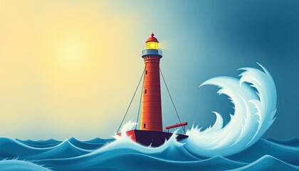 Effective crisis management skills for leaders Vibrant Lighthouse Surrounded by Turbulent Waves Under Dramatic Sky in a Colorful Digital Illustration