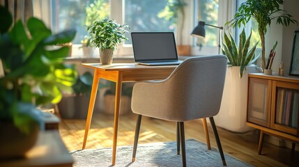 Fototapeta premium Modern home office with a laptop, plants, and natural light, perfect for remote work, against a cozy workspace backdrop with copy space
