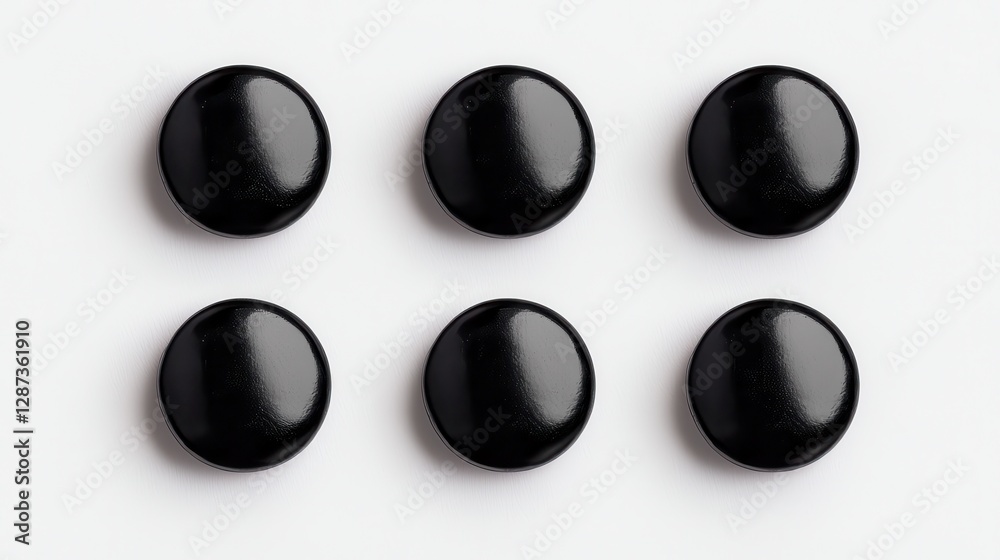 Wall mural six glossy black buttons arranged in two rows, creating a simple yet striking visual pattern on a li