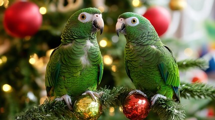 Festive Parrots Perch On A Christmas Tree Branch. Holiday Cheer And Colorful Ornaments Abound!