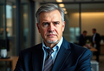 Effective crisis management skills for leaders Professional middle-aged businessman with serious expression in modern office setting, conveying confidence and leadership