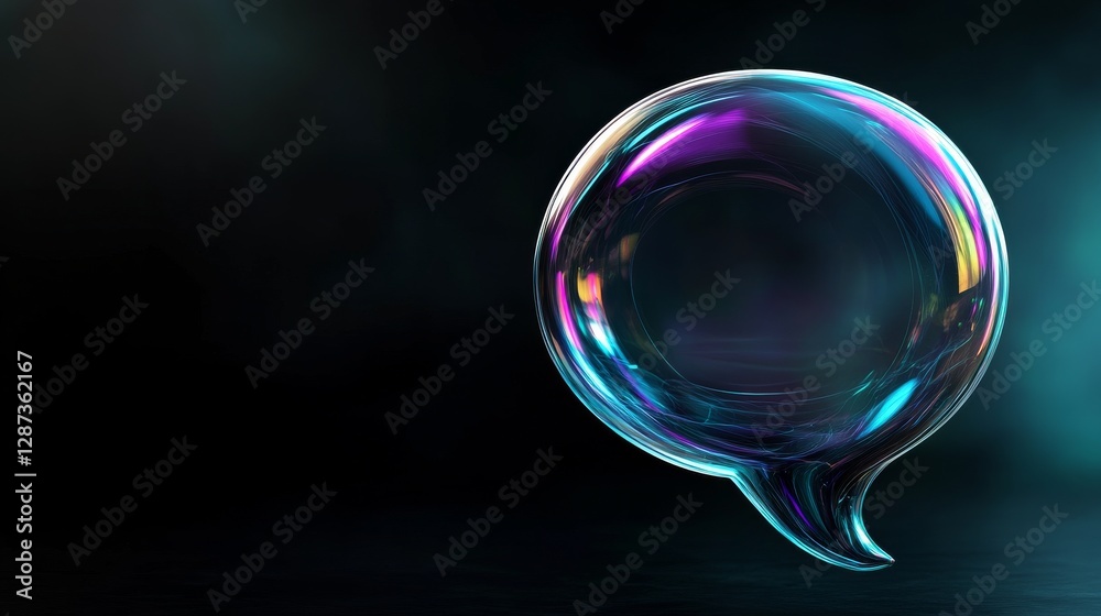 Poster abstract multicolored glass speech bubble on dark background, shiny and reflective effect. modern co