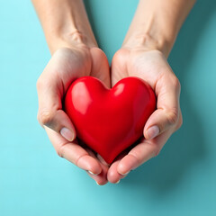 Hands gently holding a red heart against a plain blue background, symbolizing love, care, and compassion