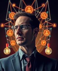 Effective crisis management skills for leaders Thoughtful businessman in glasses with network connections and lightbulbs representing ideas and innovation in business