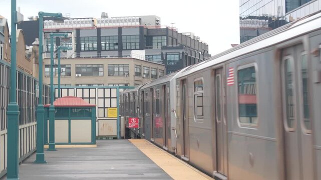 New York subway station. Metro train on metropolitan platform, United States public transportation. Elevated outdoor Court Square railway line, Queens. NYC passenger railroad traffic, Long Island City