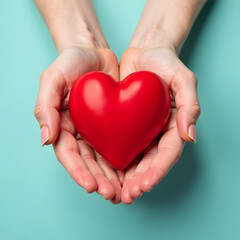 Hands gently holding a red heart against a plain blue background, symbolizing love, care, and compassion