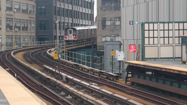 New York subway station. Metro train on metropolitan platform, United States public transportation. Elevated outdoor Court Square railway line, Queens. NYC passenger railroad traffic, Long Island City