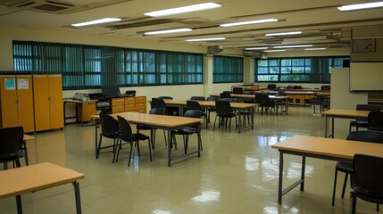 Empty Classroom, Desks Arranged, Natural Light, Green Blinds, Office Supplies