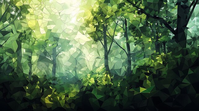 Abstract Geometric Forest Scene with Green Tones in Soft Light and Blurred Background Details