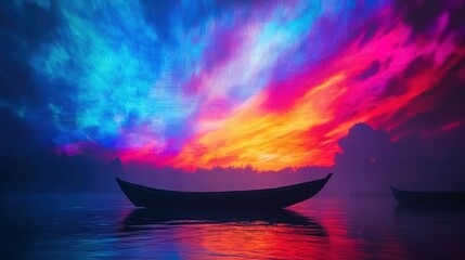 A serene landscape featuring a silhouette of a boat against a vibrant, multicolored sunset reflecting on tranquil waters