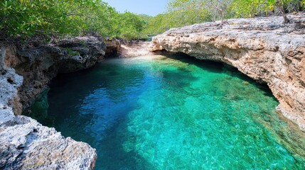 Tropical hidden cave pool, crystal clear water, lush vegetation.  Possible use Stock photo for travel brochures or tourism websites