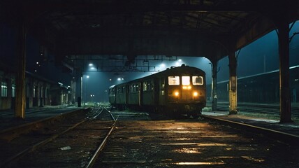Nighttime View of an Old Abandoned Train Station with a Train