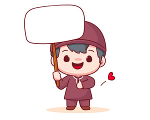 Cute muslim boy holding empty board and giving thum up cartoon character. Religion holiday concept design. Vector illustration.