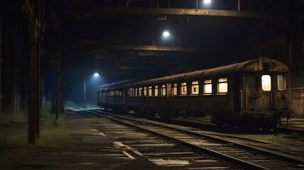 Naklejka premium Night View of an Old Abandoned Train Station with a Rusty Train Car