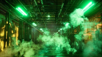 Obraz premium Cramped Steel Corridors with Green Neon Lights and Fog Effects