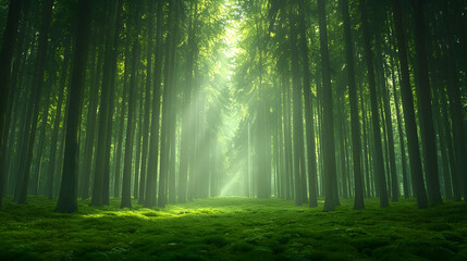 Fototapeta premium Sunbeams in misty green forest path