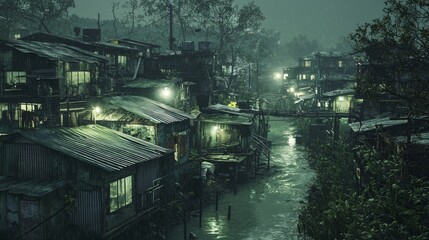 Obraz premium Overcrowded Tin Roof Dwellings in Rainy Urban Environment