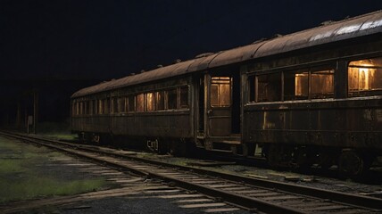 Fototapeta premium Rusty Old Train Car at Night on Abandoned Railroad Tracks
