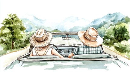 A serene watercolor illustration capturing a couple driving through scenic landscapes, enjoying a carefree summer road trip with hats and smiles.