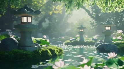 Captivating serenity traditional japanese garden kyoto nature photography tranquil environment zen viewpoint stone lanterns concept