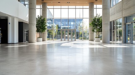 Obraz premium Modern office lobby, sunny day, glass facade, plants