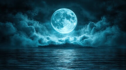 Full moon over a tranquil ocean, island silhouette, dark clouds.