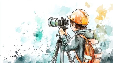 Naklejka premium A young person in a hard hat using a camera on a tripod, capturing images. This illustration represents curiosity and adventure in photography.