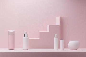Minimalist skincare products display soft pink background product photography contemporary aesthetic eye-level view beauty concept