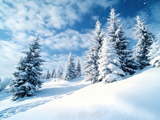 Obraz premium Snowy Pine Trees Under a Bright Blue Sky with Clouds and Falling Snow in a Winter Landscape