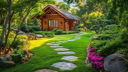 Admiring traditional japanese wooden house surrounded by tranquil nature scenic photography outdoor serenity cultural heritage
