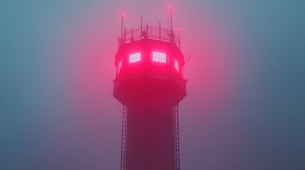 Futuristic tower in foggy landscape
