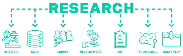 Research banner web icon vector illustration concept with icon of analysis, data, survey, development, fact, knowledge, data entry 