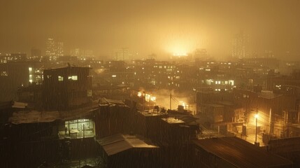 Fototapeta premium Steel Pods in a Rundown Urban Landscape Under Heavy Rain