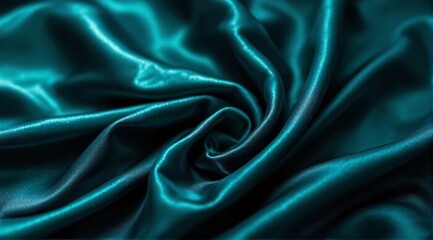 Fototapeta premium Dark teal silk fabric in close-up, featuring an ultra-smooth, glossy texture with soft, flowing folds.