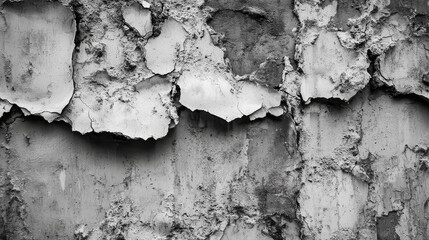 Obraz premium A rough plastered wall with peeling layers and distressed texture, black and white artistic composition, positioned against a uniform background
