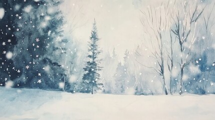 Fototapeta premium Serene snowfall scene winter woods watercolor art snowy landscape aerial perspective tranquil nature
