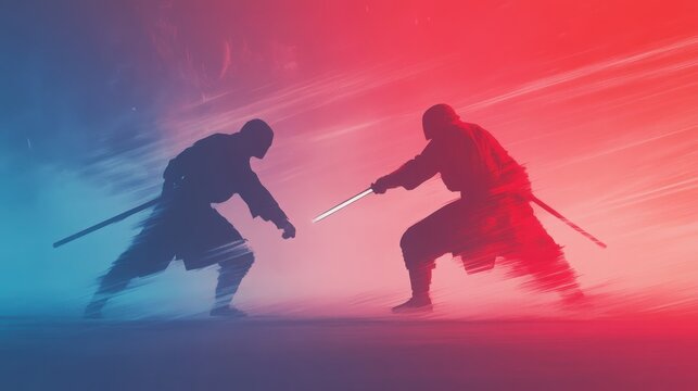 Two silhouetted warriors clashing with illuminated swords against a backdrop of swirling colors, evoking a powerful and intense atmosphere