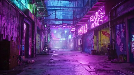 Fototapeta premium Neon-lit Corridors with Metal Structure in Urban Environment at Night