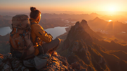 Obraz premium A backpacker sits on a rocky mountain summit, gazing at a dramatic golden sunset over a vast landscape of lakes and peaks.