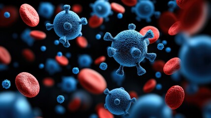A vivid illustration of blue viruses interacting with red blood cells, showcasing a microscopic view of biological dynamics.