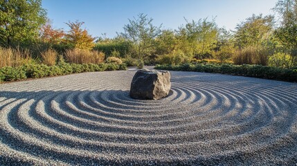 Naklejka premium Raking serenity zen garden patterns tranquil landscape art photography peaceful environment aesthetic viewpoint mindfulness concept