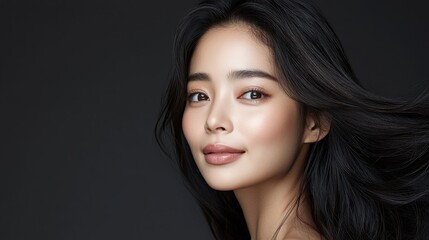 Obraz premium A close-up portrait of a woman with long, flowing hair, showcasing a natural beauty and a serene expression against a dark background.