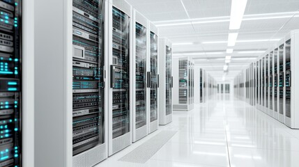 A sleek, modern data center filled with rows of servers, illuminated by blue lights, showcasing advanced technology in a clean, organized environment.