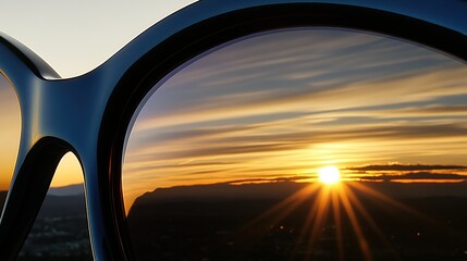Fototapeta premium Sunset reflected in sunglasses, mountain view, advertising