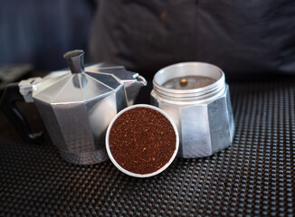 Ingredients for making coffee. Moka pot.