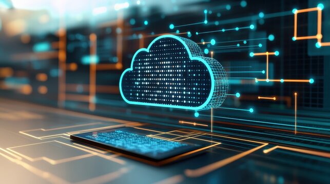 A digital cloud symbol with binary code connects to a smartphone, representing cloud computing and data transfer technology.
